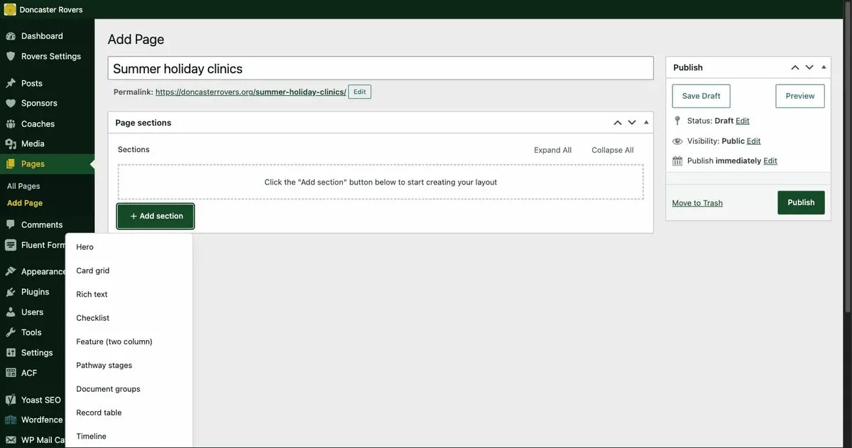 A new page being built: a title is typed, Add section opens a list of the available layouts, Hero is chosen, and its eyebrow and heading fields are filled in.