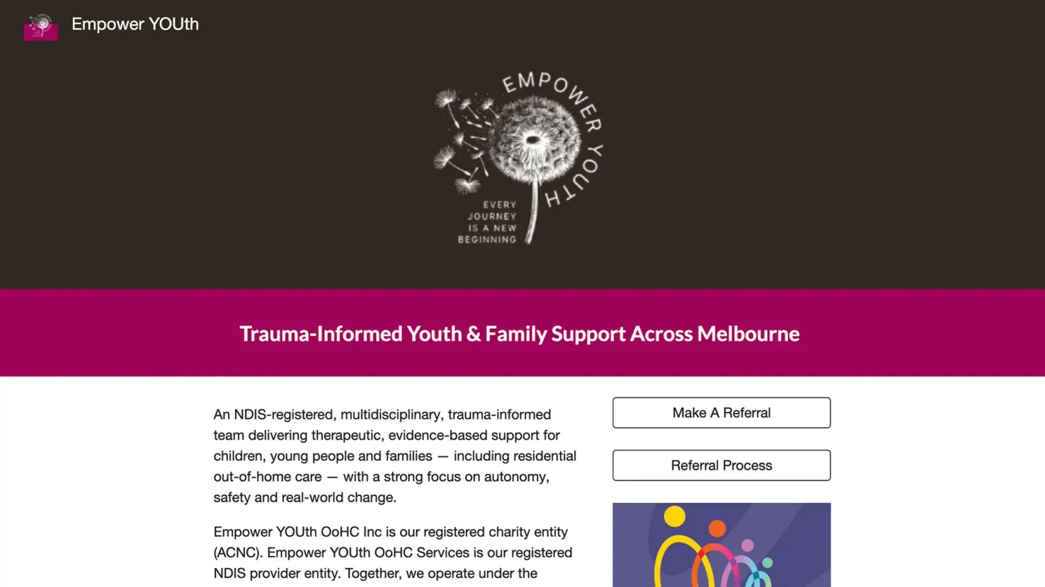 The previous Empower YOUth website on Google Sites: a dandelion logo on a dark panel, a berry-coloured banner reading “Trauma-Informed Youth & Family Support Across Melbourne”, then paragraphs of text beside Make A Referral and Referral Process buttons.