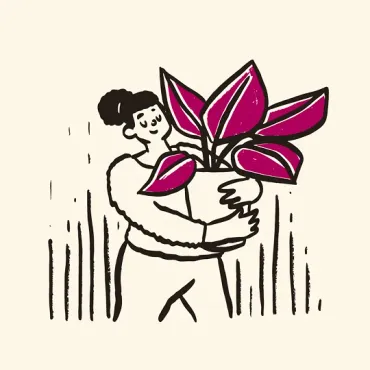 A hand-drawn illustration of a woman carrying a large potted plant, in black line with berry-coloured leaves.