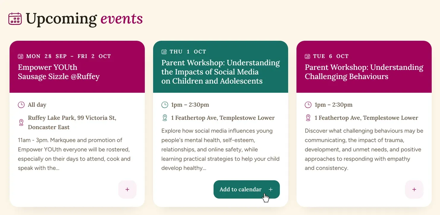 Upcoming events on the Empower YOUth website: three event cards, each with a date, a title, a time, a place and a short description, and an Add to calendar button on the card being hovered.