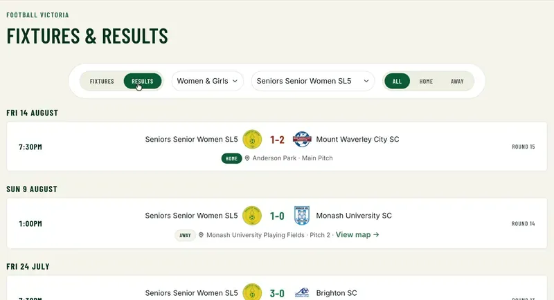 The fixtures filters on the Doncaster Rovers website, narrowing from every team to the Seniors, then to Women and Girls, then to one team's results, then to home and away matches, and back to the full club list.