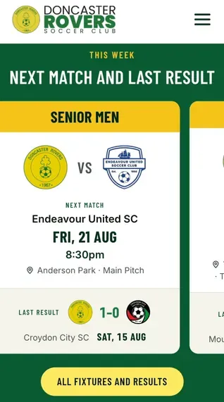 The Doncaster Rovers website on a phone, swiping through this week's cards: the next match and last result for the Senior Men, the Senior Women and the Reserves.
